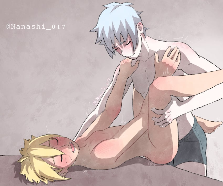 2boys ambiguous_penetration blonde_hair blue_eyes blush boruto:_naruto_next_generations boxers closed_eyes closed_mouth duo gay implied_anal leg_grab light_blue_hair lying_on_back male male/male male_only male_penetrating male_pov missionary missionary_position mitsuki_(naruto) moaning multiple_boys naked nanashi_017 naruto naruto_(series) on_table open_mouth shirtless spread_legs standing table trembling underwear uzumaki_boruto yaoi