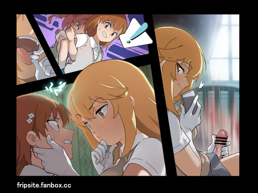 ! 1futa 2girls arm_grab artist_name bangs blonde_hair blush bow brown_eyes brown_hair censor_bar censored clothed clothing elbow_gloves eyebrows eyebrows_visible_through_hair female frip fripsite futa_on_female futanari gloves hairbow hand_on_face hi_res human indoors light-skinned_female light-skinned_futanari light_skin long_hair masturbation mind_control misaka_mikoto mostly_clothed multiple_girls open_mouth pale_skin panels partially_clothed penis red_bow school_uniform shirai_kuroko shokuhou_misaki sidelocks skirt smile sweat swept_bangs teenage_girl teenager teleportation to_aru_kagaku_no_railgun to_aru_majutsu_no_index tokiwadai_school_uniform twintails vein veiny_penis white_gloves young