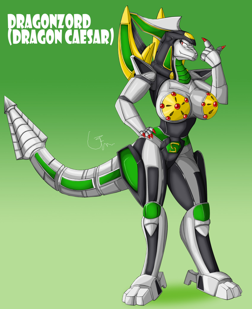 absurd_res anthro anthro_only breasts dinosaur dragonzord female grey_body hi_res humanoid machine metallic_body overlord_gabriel power_rangers red_eyes reptile robot robot_humanoid scalie solo super_sentai tail