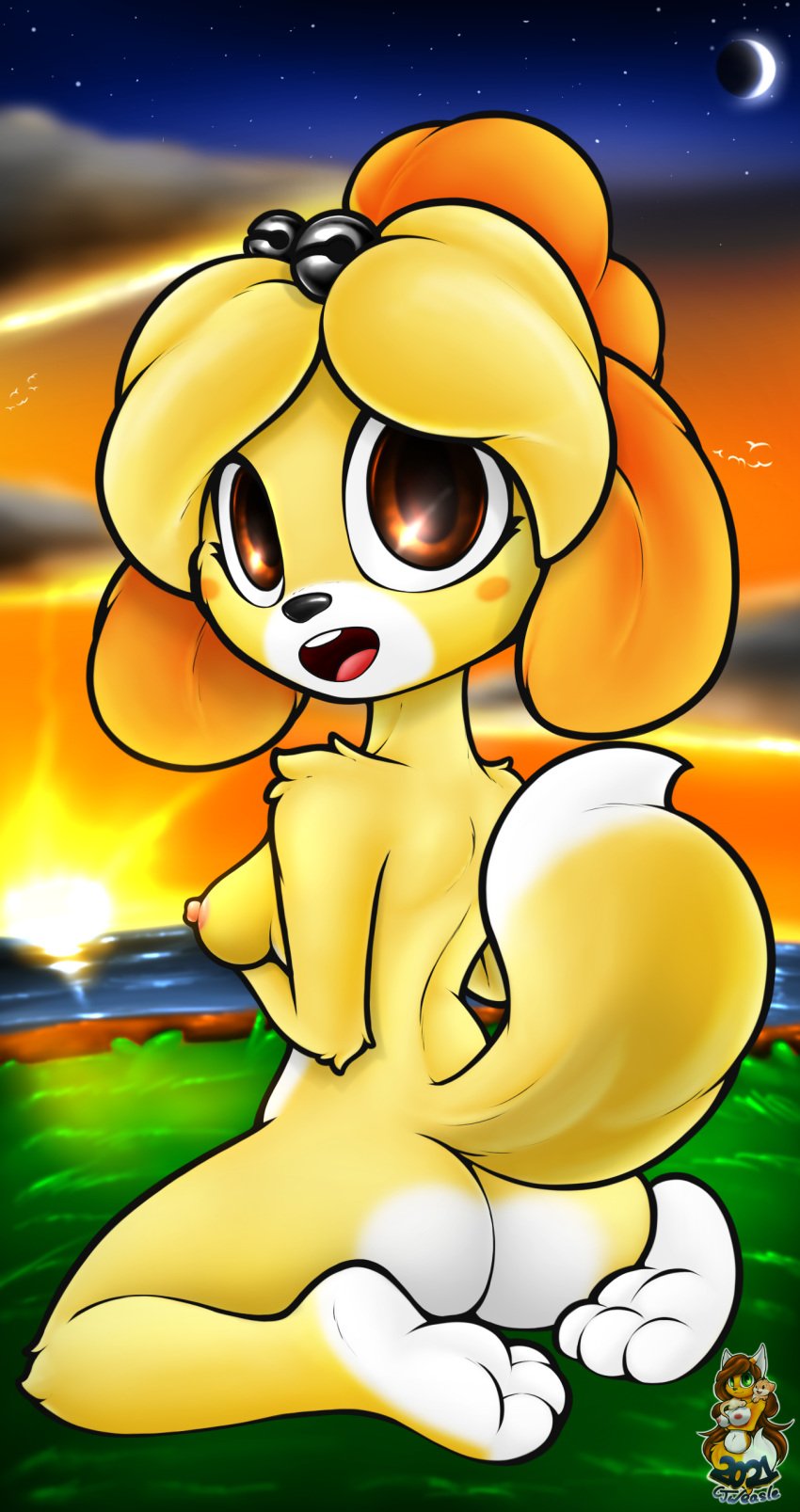 2021 animal_crossing anthro ass breasts brown_eyes canine cjweasle female furry isabelle_(animal_crossing) kneeling large_breasts nintendo nipples open_mouth solo sunset tail yellow_fur