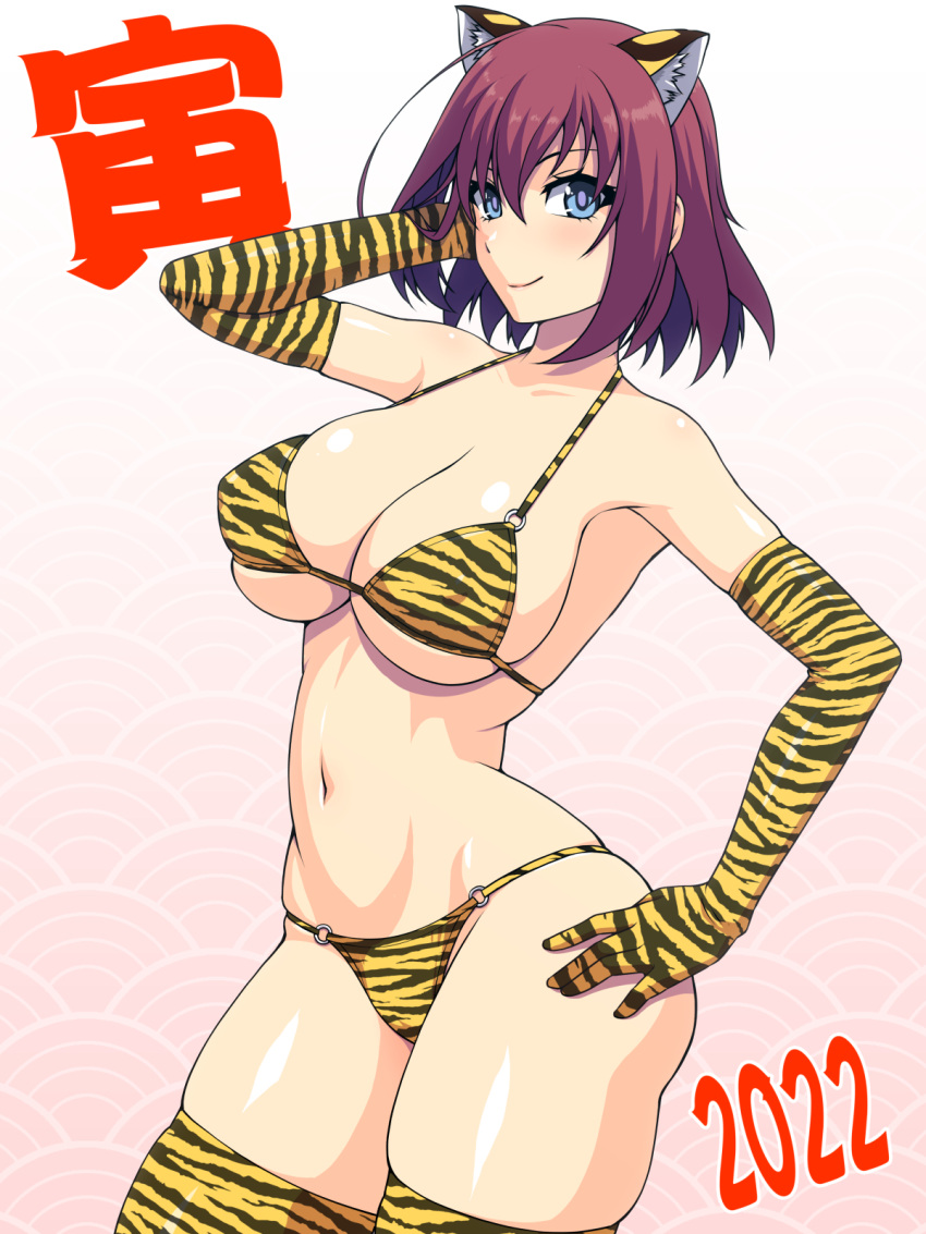 abu animal_ears ass bikini blue_eyes breasts cat_ears cleavage gloves hand_on_hip large_breasts looking_at_viewer navel new_year new_year_2022 original panties print_bikini print_panties red_hair short_hair skindentation standing tagme thighhighs thighs tiger_ears tiger_print tiger_print_bikini year_of_the_tiger