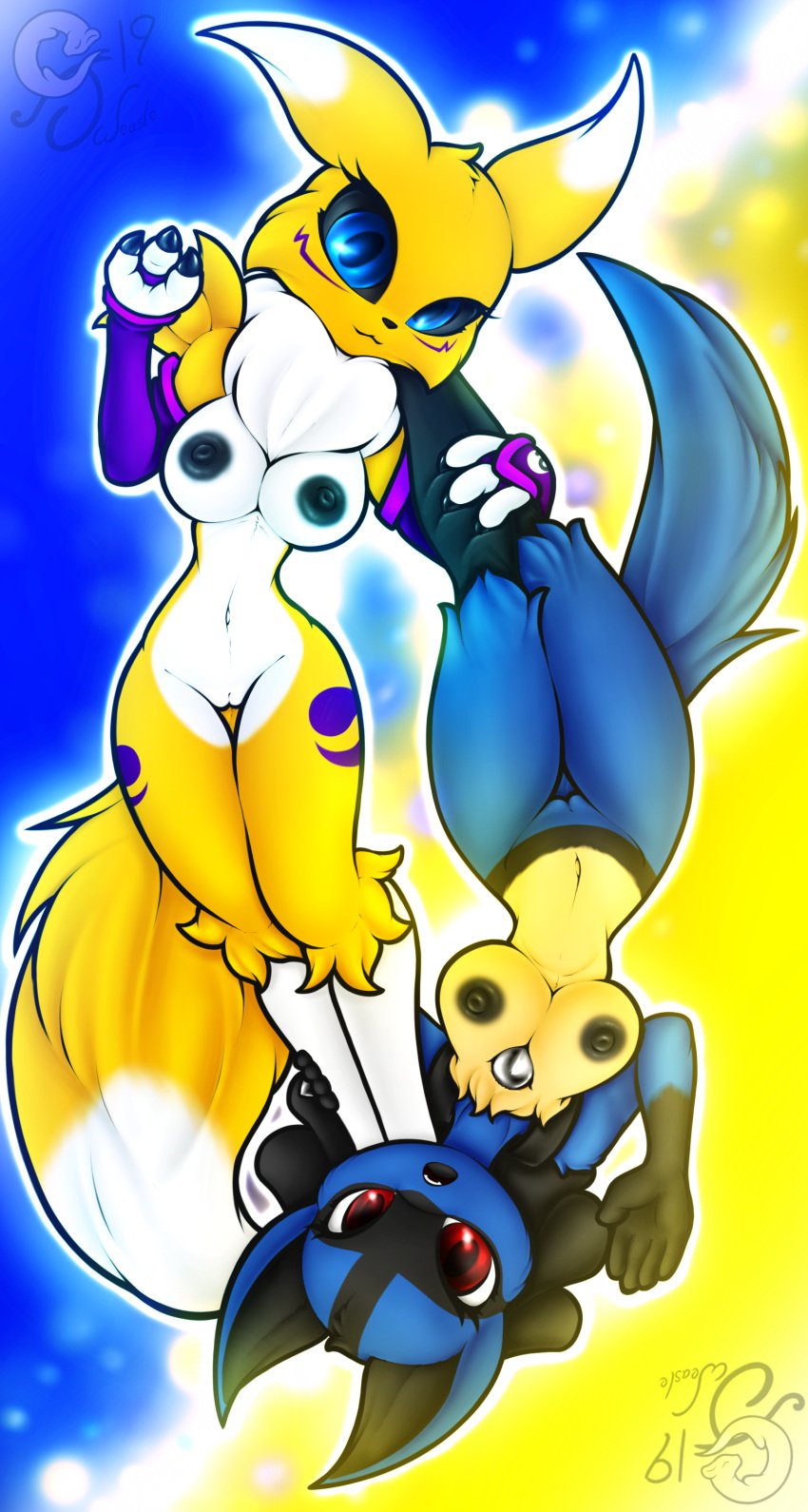 2000s_and_2010s_style 2girls black_sclera blue_eyes blue_fur cjweasle crossover death_battle digimon eyelashes female_only lucario multiple_girls pokemon pokemon_(species) pokemon_dppt red_eyes renamon tail wide_hips yellow_fur