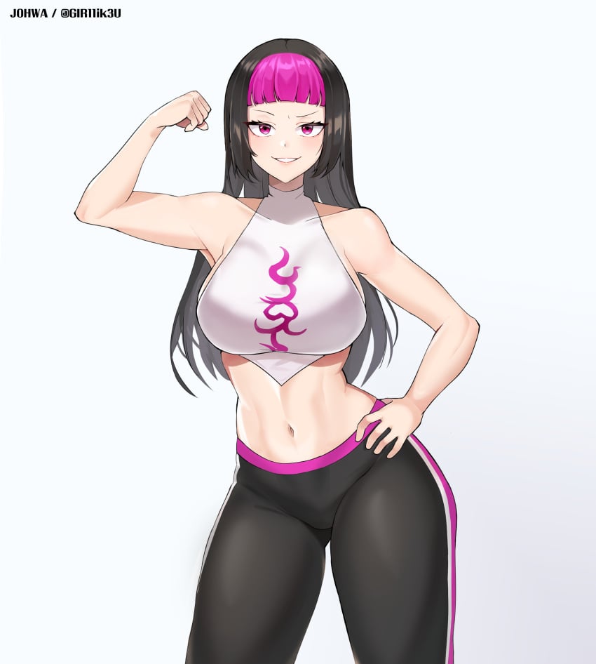 1girls absurd_res alternate_costume alternate_hairstyle bangs black_hair blunt_bangs capcom clothed female female_only flexing hi_res johwa juri_han long_hair looking_at_viewer pink_hair simple_background smile solo street_fighter street_fighter_v two_tone_hair white_background yoga_pants