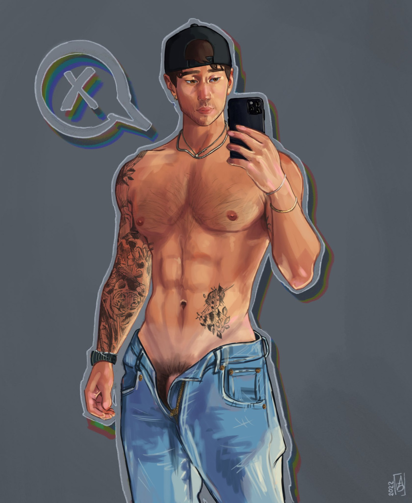 adaptabel biracial biracial_male cellphone east_asian east_asian_male evan_lamicella jeans male male_only muscles muscular muscular_male onlyfans_model penis_peek real_person selfie snapback social_media_influencer tanlines tattoos tiktoker unzipped_pants