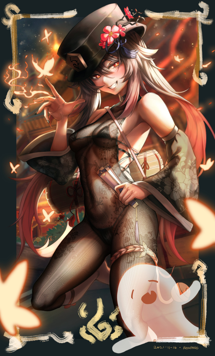 1girls brown_hair genshin_impact grin hu_tao_(genshin_impact) kneeling long_hair nompang small_breasts twintails