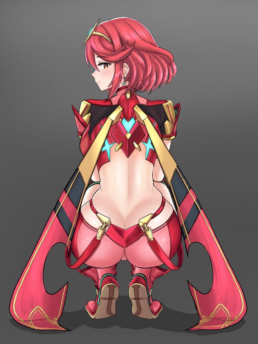 1girls ass blush crouching desspie looking_back nintendo pyra red_eyes red_hair short_hair solo squatting xenoblade_(series) xenoblade_chronicles_2