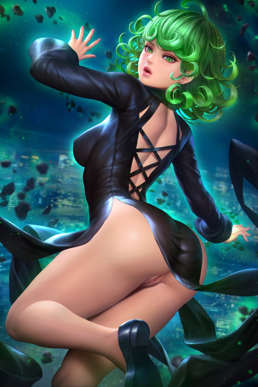 1girls black_shoes city_background female female_only green_eyes green_hair large_ass large_breasts looking_back neoartcore nopan nudtawut_thongmai one-punch_man pink_mouth pussy short_hair skirt_lift solo tatsumaki third-party_edit uncensored upskirt