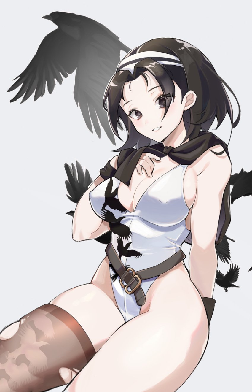 1girls animal_print arm_support avian belt bird black_eyes black_hair breasts cleavage clothed crow curvy female female_only front_view hair_intakes hairband hand_on_own_breast highleg highleg_leotard highres human johwa jun_kazama kazama_jun large_breasts legwear leotard namco nipple_bulge pale_skin shawl short_hair simple_background single_thighhigh sitting skindentation smile solo tekken tekken_2 thick_thighs torn_thighhighs white_background white_leotard