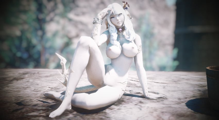 1girls 3d artist_request au_ra big_breasts blue_eyes breasts choker dragon_girl female final_fantasy final_fantasy_xiv gpose(ffxiv) horns naked original_character pale_skin raen scales shurelia_escarlata solo tail wedding_ring white_hair