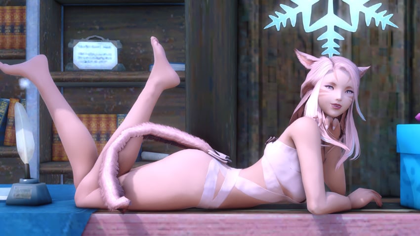 cat_ears cat_tail catgirl christmas_outfit christmas_present christmas_wrapped feet final_fantasy final_fantasy_xiv gpose(ffxiv) miqo'te pink_eyes pink_hair shiori_rosebrace srosebrace