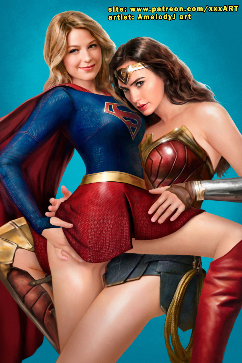 2girls amelodyj arm_bracers celebrity corset dc dc_comics dc_extended_universe dceu female female_only gal_gadot lasso_of_truth melissa_benoist skirt supergirl supergirl_(cw) supergirl_(series) superman_(series) tiara wonder_woman wonder_woman_(dceu) wonder_woman_(series) yuri