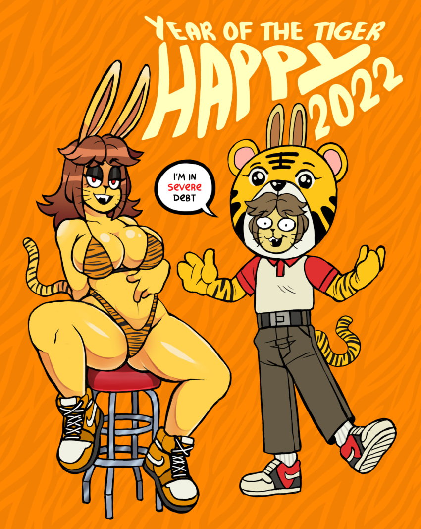 2022 animal_print anthro better_version_at_source big_breasts bikini breast_squish breasts chinese_zodiac claire_(ponehanon) cleavage clothed clothing costume dale_(ponehanon) duo english_text female footwear hi_res lagomorph leporid looking_at_viewer male male/female mammal ponehanon rabbit shoes smile smiling_at_viewer sneakers speech_bubble spread_legs spreading squish swimwear text tiger_print tiger_stripes year_of_the_tiger