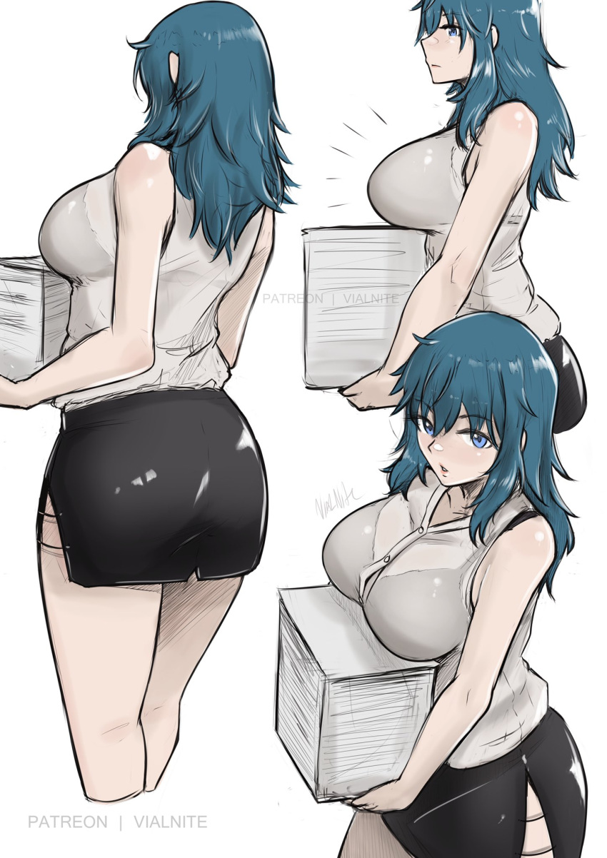 1girls alternate_costume blue_eyes bra breasts byleth_(fire_emblem) byleth_(fire_emblem)_(female) female_only fire_emblem fire_emblem:_three_houses large_breasts medium_hair nintendo office office_lady paper paper_stack see-through shirt skirt solo teal_hair under_boob underwear vialnite white_background