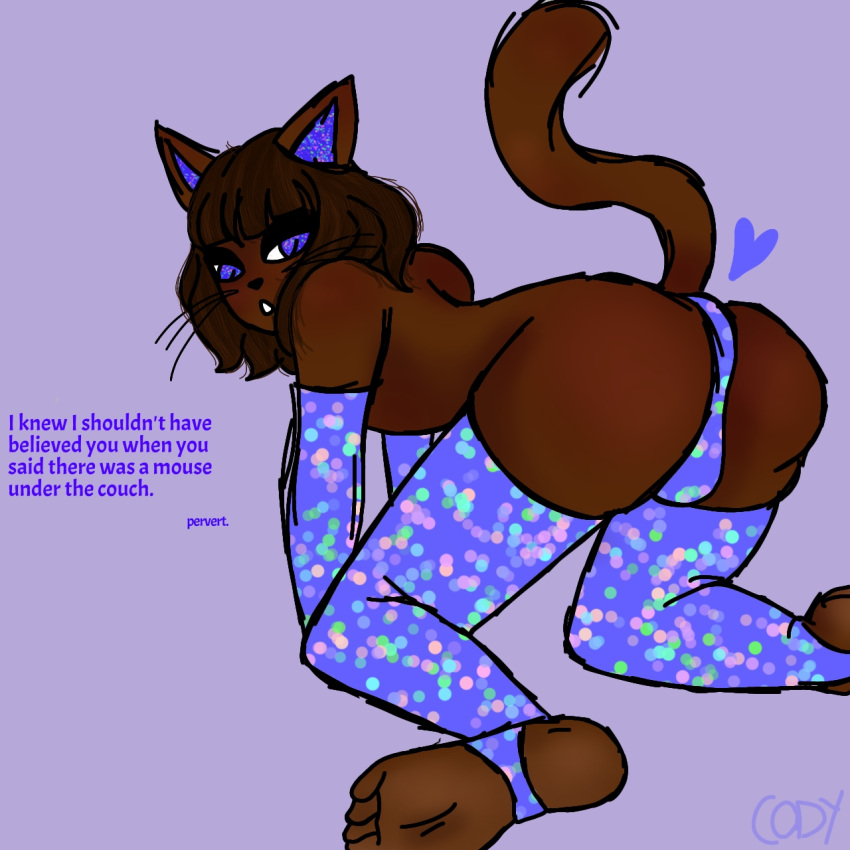 1boy animal_ears animal_humanoid annoyed anthro ass ass_focus ass_up bare_chest barefoot barely_clothed bent_over big_ass brown_hair bulge bullet butt_crack cat_boy cat_ears cat_humanoid cat_tail catboy cody_(toxicdowns) dark-skinned_femboy dark-skinned_male dark_skin degradation dialog dialogue eleos_(toxicdowns) feet femboy furry girly gloves kneeling legs_apart long_gloves looking_back no_shirt on_hands_and_knees original_character panties panty_bulge purple_background purple_eyes shirtless short_hair solo_male tail_up text thick_thighs thigh_highs thighhighs toxicdowns trap whiskers yaoi