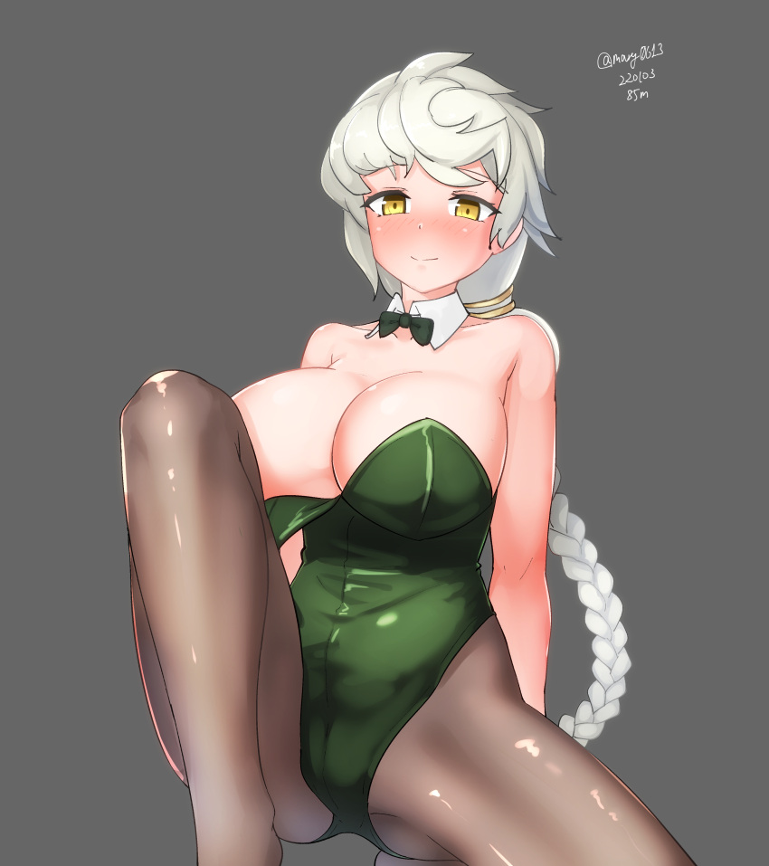 absurdres asymmetrical_hair bow bowtie braid breasts brown_eyes cleavage convenient_leg dated detached_collar female green_bow green_bowtie green_leotard grey_background highres kantai_collection large_breasts leotard long_hair looking_at_viewer maru_(marg0613) pantyhose playboy_bunny_leotard silver_hair simple_background single_braid sitting solo strapless strapless_leotard twitter_username unryuu_(kantai_collection) very_long_hair wrist_cuffs