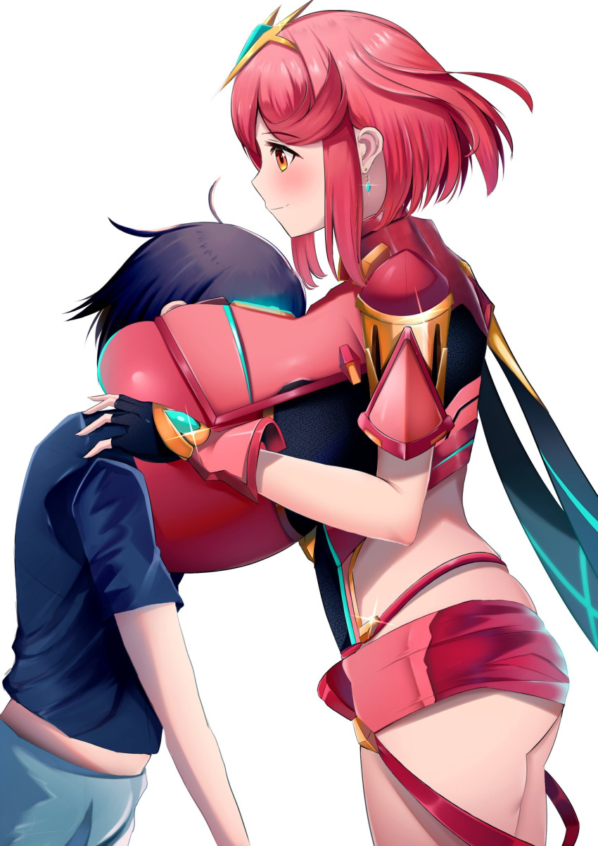 1boy 1girls blush breasts breasts_bigger_than_head gigantic_breasts head_in_cleavage huge_breasts hyper_breasts large_breasts lucky_bastard mklucas39 pyra pyra_(xenoblade) smothering tagme white_background xenoblade_(series) xenoblade_chronicles_2