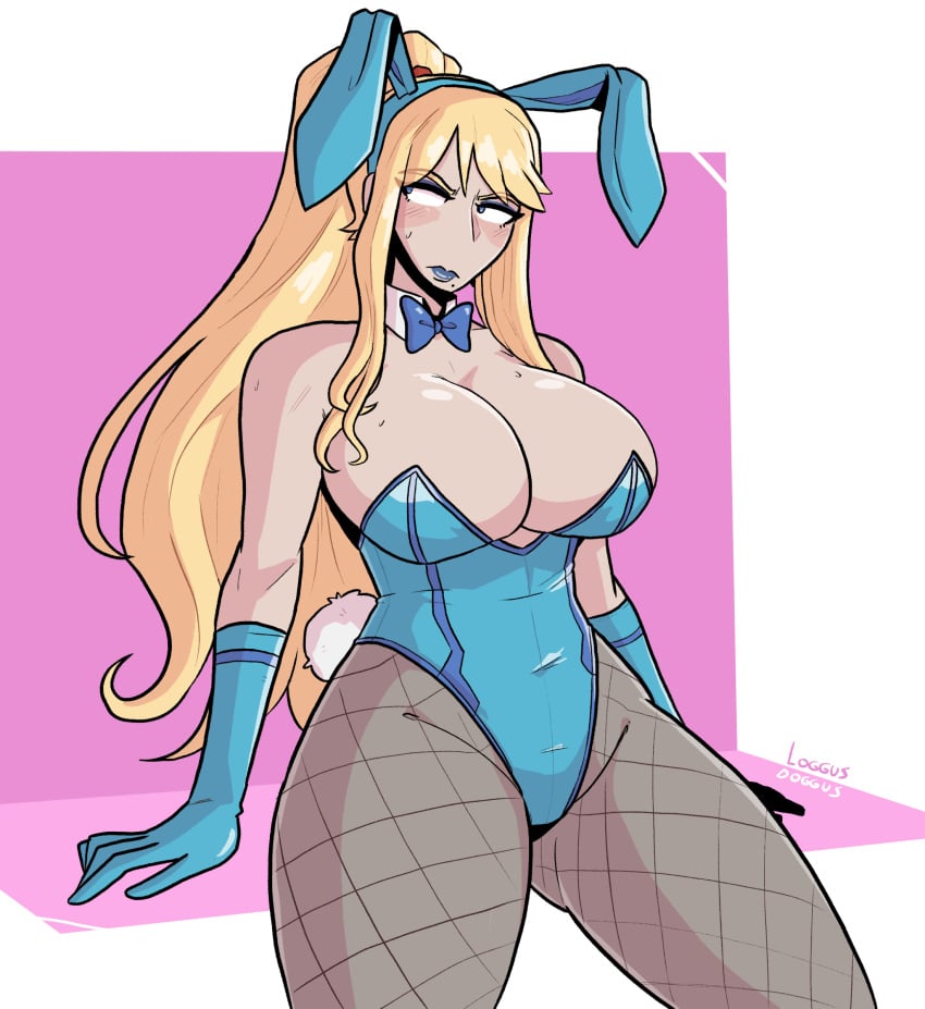 alternate_costume beauty_mark bimbo blonde_hair blue_eyes blue_leotard blue_lipstick bunny_costume bunny_ears bunny_girl bunny_tail bunnysuit costume embarrassed female female_focus female_only gloves leotard loggus_doggus long_hair metroid nintendo ponytail samus_aran shiny_clothes shiny_gloves solo solo_female solo_focus spread_legs