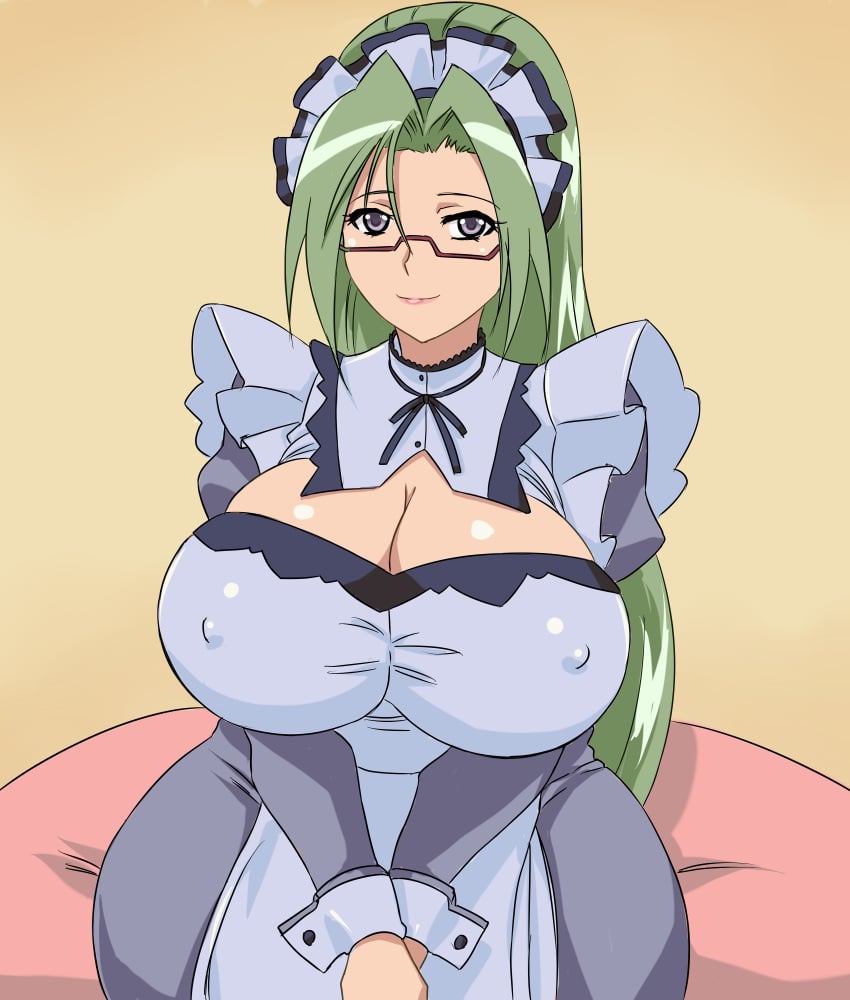 1girls breasts cleavage cleavage_cutout erusantte glasses green_hair hair_between_eyes hanyuu_mizuki huge_breasts long_hair looking_at_viewer maid maid_headdress maid_uniform nipple_bulge ponytail purple_eyes red-framed_glasses sitting skindentation smile vampire_(hentai_ova) vampire_(ova) wide_hips