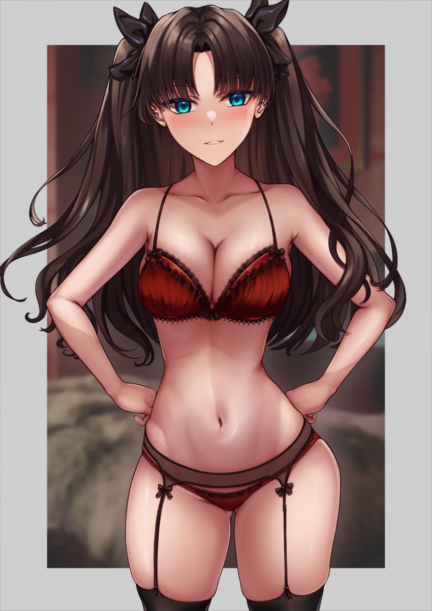 1girls bangs belly belly_button black_bow black_garter_belt black_garter_straps blue_eyes boobs bow bow_garter_straps bra breast_expansion breasts brown_hair collarbone ed_granger fate_(series) garter garter_belt garter_straps hair_ribbon hands_on_hips inner_sideboob lace-trimmed_bra lace-trimmed_panties lace_trim lingerie long_hair medium_breasts navel panties picot_trim picot_trim_bra picot_trim_lingerie picot_trim_panties red_bra red_lingerie red_panties seductive smirk thighhighs tohsaka_rin twintails