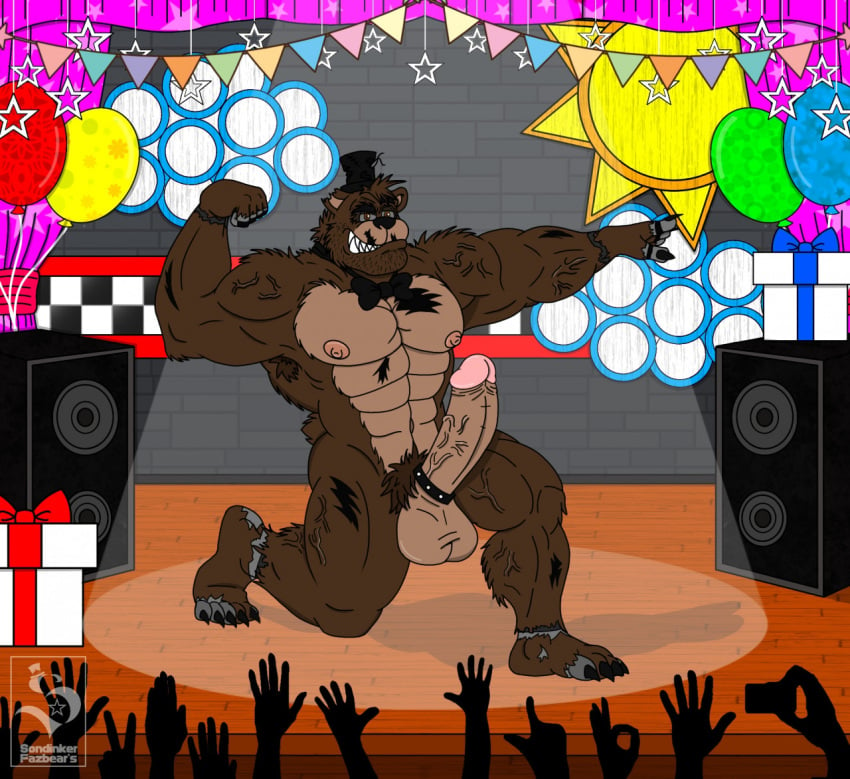 barazoku clothing five_nights_at_freddy's five_nights_at_freddy's_4 freddy_(fnaf) gay genitals gift_box group hat headgear headwear humanoid male male/male male_only mammal muscular nightmare_freddy nipples penis public public_nudity scott_cawthon scottgames sondinker_fazbear's stage stage_curtains stage_lights top_hat ursid vein veiny_penis video_games