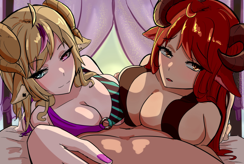 1boy 2girls animal_ears big_breasts bikini blonde_hair breasts chaoshound double_paizuri eyebrows_visible_through_hair ffm_threesome fuuru_(peppermintbanan) green_eye heterochromia horns huge_breasts indoors light-skinned_female light-skinned_male light_skin male_pov original pink_eye pov red_hair room sheep_ears sheep_girl sheep_horns suruuru_(peppermintbanan) threesome yellow_eyes