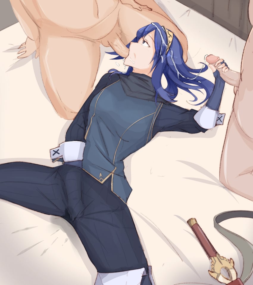 1girls 2boys 9_9bird bed bed_sheet bedroom blowjob_face blue_eyes blue_hair breasts clothed clothed_female clothed_female_nude_male clothed_sex cum cum_in_mouth cum_on_face cum_on_hair cumshot cumshot_in_mouth falchion_(fire_emblem) fellatio female female_focus fingering fingering_self fingerless_gloves fire_emblem fire_emblem_awakening fully_clothed fully_clothed_female gloves hand_in_pants handjob kkyz13 kneeling long_hair lucina_(fire_emblem) lying lying_on_back male masturbating_during_fellatio masturbation medium_breasts mmf_threesome multiple_boys nintendo nude nude_male nude_male_clothed_female on_bed oral pants penis pussy_juice pussy_juice_stain solo_focus spread_legs stain sucking sword testicles threesome tiara vein veiny_penis weapon wet wet_clothing