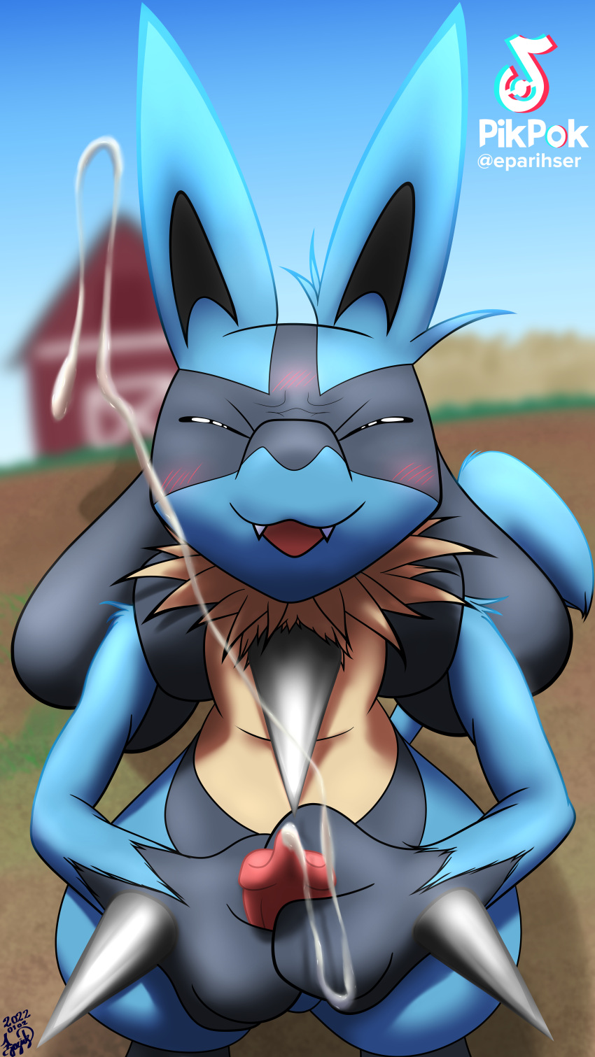 2022 9:16 absurd_res anthro barn blue_body blue_fur blurred_background blush bodily_fluids canid canine chest_spike closed_eyes cum cumshot dated detailed_background ejaculation eparihser erection fur genital_fluids genitals hand_spike hi_res looking_at_viewer lucario male male_only mammal masturbation nintendo open_mouth outside paws penile penile_masturbation penis pokemon pokemon_(species) sky solo spikes spikes_(anatomy) standing tiktok video_games