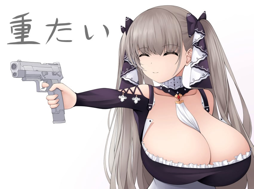 1girls 2021 ^_^ absurd_res azur_lane between_breasts bow breast_grab cleavage closed_eyes clothed clothing dress eyebrows_visible_through_hair fake_smile female female_only formidable_(azur_lane) frills gintokyhenry gothic_lolita grey_hair gun hair_ribbon handgun highres holding_gun holding_weapon huge_breasts japanese_text lolita_fashion long_hair long_twintails necktie necktie_between_breasts pistol ribbon sig_sauer simple_background smile solo text tied_hair translated twintails very_long_hair weapon white_background