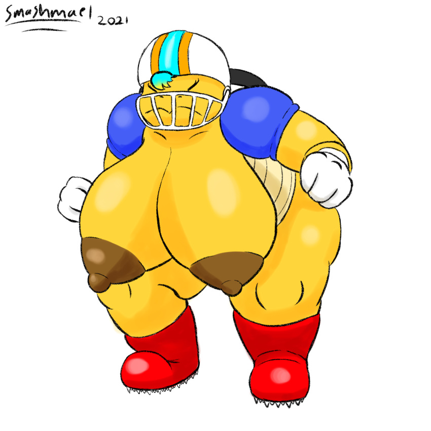 2020s 2021 anthro areola belly big_breasts blue_hair boots breasts chargin'_charlotte_(smashmael) chargin'_chuck closed_eyes clothing female football_helmet footwear frown hair hi_res huge_breasts hyper hyper_breasts koopa leaning leaning_forward mario_(series) mostly_nude muscular nintendo nipples non-mammal_breasts non-mammal_nipples overweight pale_body pale_scales reptile scales scalie shoulder_pads smashmael thick_thighs video_games yellow_body yellow_scales