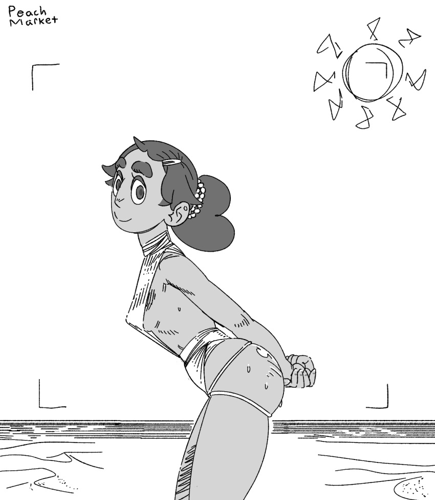 1girls camera_view cartoon_network clothed connie_maheswaran dark-skinned_female dark_skin female haloluli looking_at_viewer monochrome pool side_view sideboob small_breasts steven_universe straight_hair swimsuit young younger_female