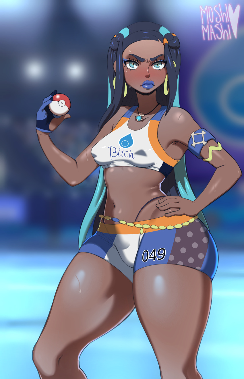 1girls absurd_res breasts female gloves high_resolution lipstick long_hair moshimashi nessa_(pokemon) nintendo pokemon pokemon_ss shorts solo spandex_shorts standing thick_thighs thighs thong two_tone_hair wide_hips