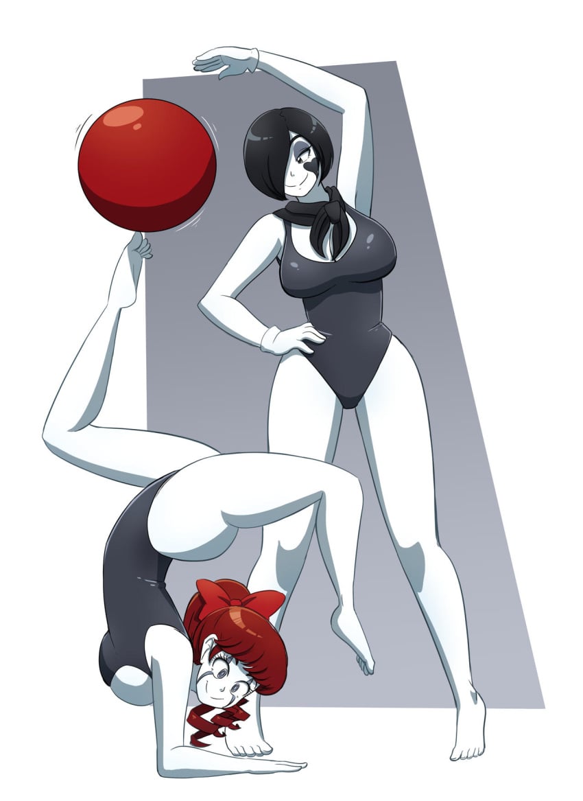 ball barefoot black_hair bodysuit breasts cleavage clown clown_girl female_only femdom femsub gloves hair_covering_one_eye heart hypnosis kobi-tfs kobi94 large_breasts makeup mime mind_control original original_character sasha_(kobi94) short_hair standing transformation trick