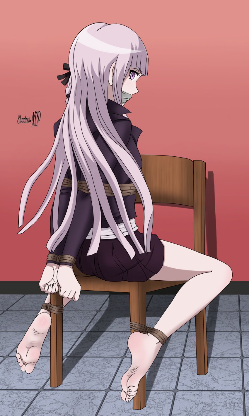 1girls arms_behind_back bangs bondage bound bound_ankles bound_wrists danganronpa danganronpa:_trigger_happy_havoc feet female female_only gag gagged grey_hair hands_behind_back kirigiri_kyouko light_skin long_hair looking_at_viewer looking_back purple_eyes purple_hair restrained shadow-xcp solo straight_hair tape_gag tied_to_chair tied_up