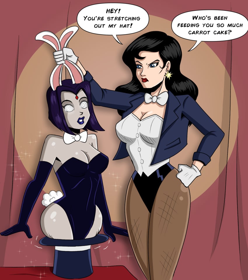 2girls black_hair bowtie bunny_ears bunny_girl bunny_tail bunnysuit cleavage cropped_jacket dazed dc dc_comics elbow_gloves english_text female_only femdom femsub fishnet_legwear fishnets gloves glowing glowing_eyes grey_skin hypnosis long_hair magic magician mind_control pantyhose polmanning purple_hair rachel_roth raven_(dc) short_hair speech_bubble spiral_eyes strapless_clothing super_hero symbol_in_eyes teen_titans text western zatanna zatanna_zatara