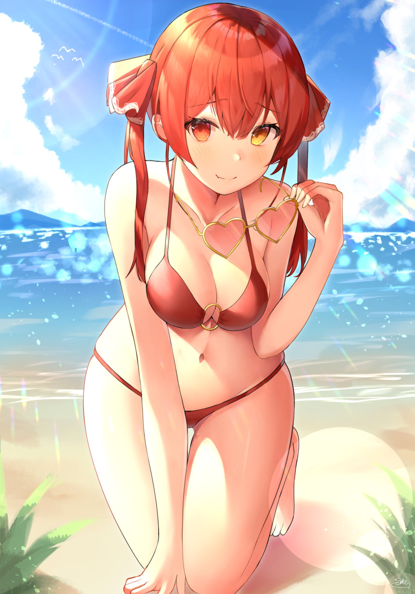 1girls bangs beach bikini blush blushing bright_eyes different_eye_color eyewear_removed flesh_fang hair_ribbon heart_glasses heart_sunglasses heterochromia hololive hololive_fantasy hololive_japan houshou_marine leaning_forward looking_at_viewer on_knees pink_hair red_bikini red_eyes shiina_aoi smile smiling solo solo_female sunglasses_removed supporting_arm twintails virtual_youtuber yellow_eyes