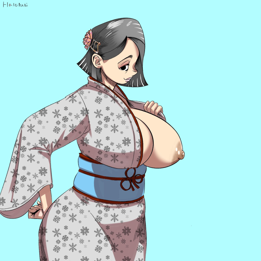 1girls areolae big_breasts breast_slip breasts clothed clothing exposed_breasts female female_only glitch_techs haloluli hand_on_ass huge_breasts kimono looking_at_viewer mature_female mayumi_kubota milf mother netflix nipples short_hair smooth_skin solo voluptuous wide_hips