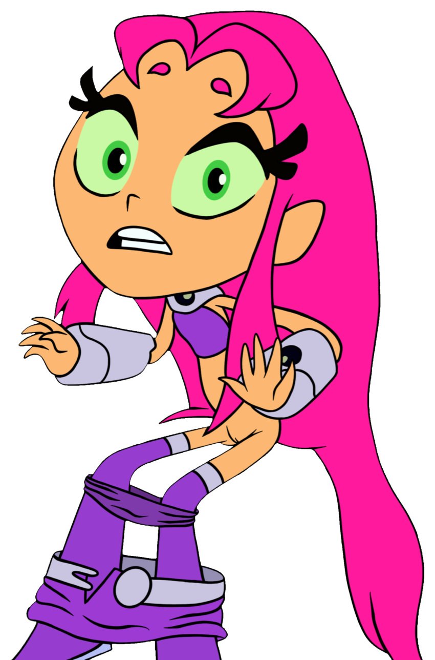 accurate_art_style boots cartoon_network dc edit green_eyes on_model orange_skin panties_down pink_hair pussy starfire startled teen_titans teen_titans_go thedispenser69 transparent_background