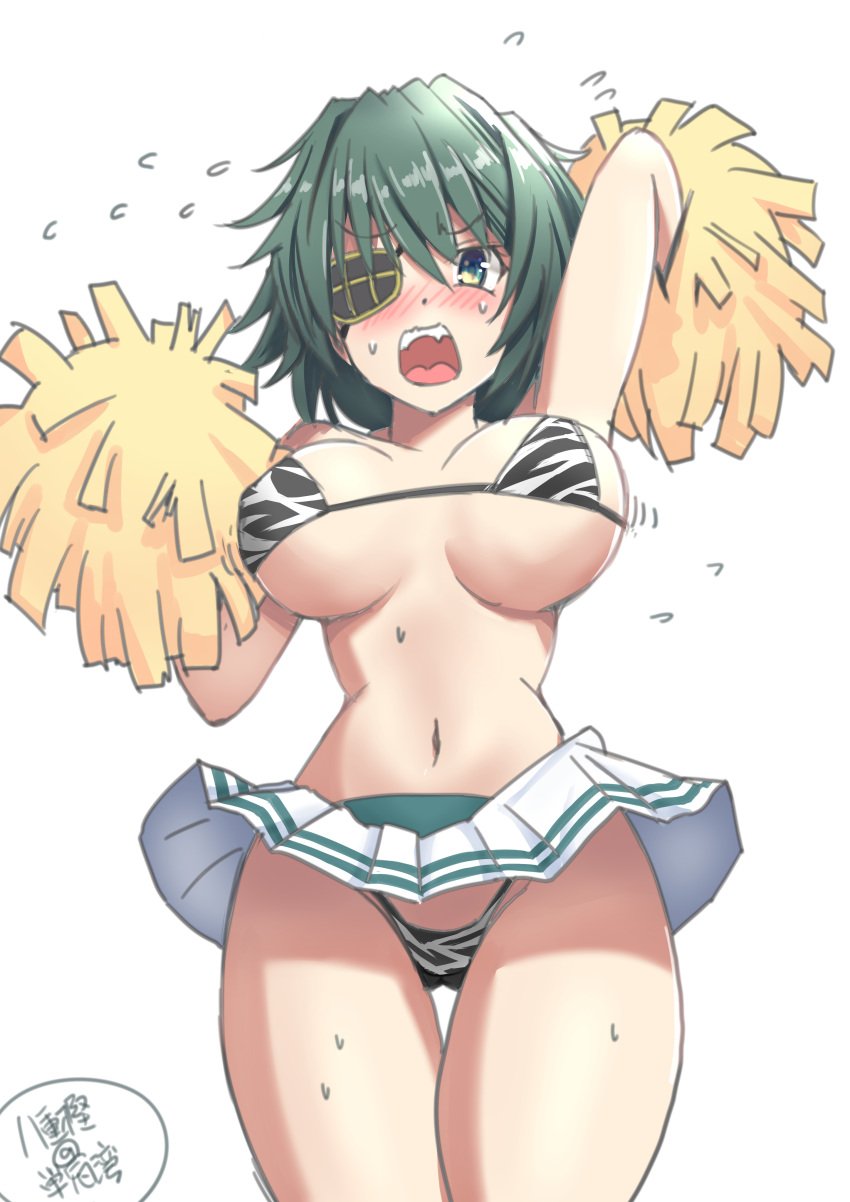 absurdres animal_print bikini cheerleader child_bearing_hips cowboy_shot embarrassed exposed_panties eyepatch female flying_sweatdrops green_eyes green_hair highres holding holding_pom_poms japanese_text kantai_collection kiso_(kantai_collection) large_ass large_breasts looking_at_viewer micro_bikini microskirt muzzuleflash narrow_shoulders pleated_skirt pom_pom_(cheerleading) revealing_clothes short_hair simple_background skimpy skirt skirt_lift solo swimsuit thick_thighs thin_arms thin_waist tiger_print white_background white_bikini white_skirt wide_hips