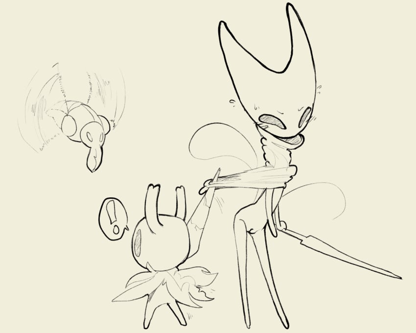 2020 5:4 absurd_res accidental_exposure ambiguous_gender anthro arthropod assisted_exposure black_and_white blush bottomless clothed clothing female front_view genitals group hi_res holding_object holding_weapon hollow_knight hornet_(hollow_knight) insects itsunknownanon monochrome protagonist_(hollow_knight) pussy siblings sketch standing team_cherry trio vengefly vessel_(species) video_games wardrobe_malfunction weapon