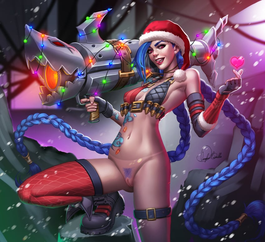 biting_tongue blue_hair boots bottomless braided_hair christmas christmas_hat christmas_lights christmas_outfit douglas_bicalho fishnet_socks heart holidays jinx_(league_of_legends) league_of_legends looking_at_viewer pubic_hair pussy pussy_lips red_eyes red_socks riot_games socks suntan tanned tanned_female tanned_skin tattoo thigh_socks thighhighs