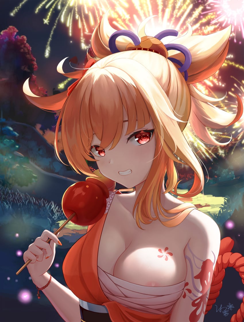 absurdres areola_slip areolae arm_tattoo blonde_hair blurry blush bracelet breasts candy_apple chest_tattoo clenched_teeth commentary_request depth_of_field female fireworks fish_tattoo food genshin_impact hadanugi_dousa hair_between_eyes highres japanese_clothes jewelry kimono large_breasts long_hair looking_at_viewer makeup mu_xue_(1024612186) night nipples obi orange_nails outdoors red_hair revision rope sarashi sash shimenawa signature solo tattoo teeth tied_hair upper_body yoimiya_(genshin_impact) yukata