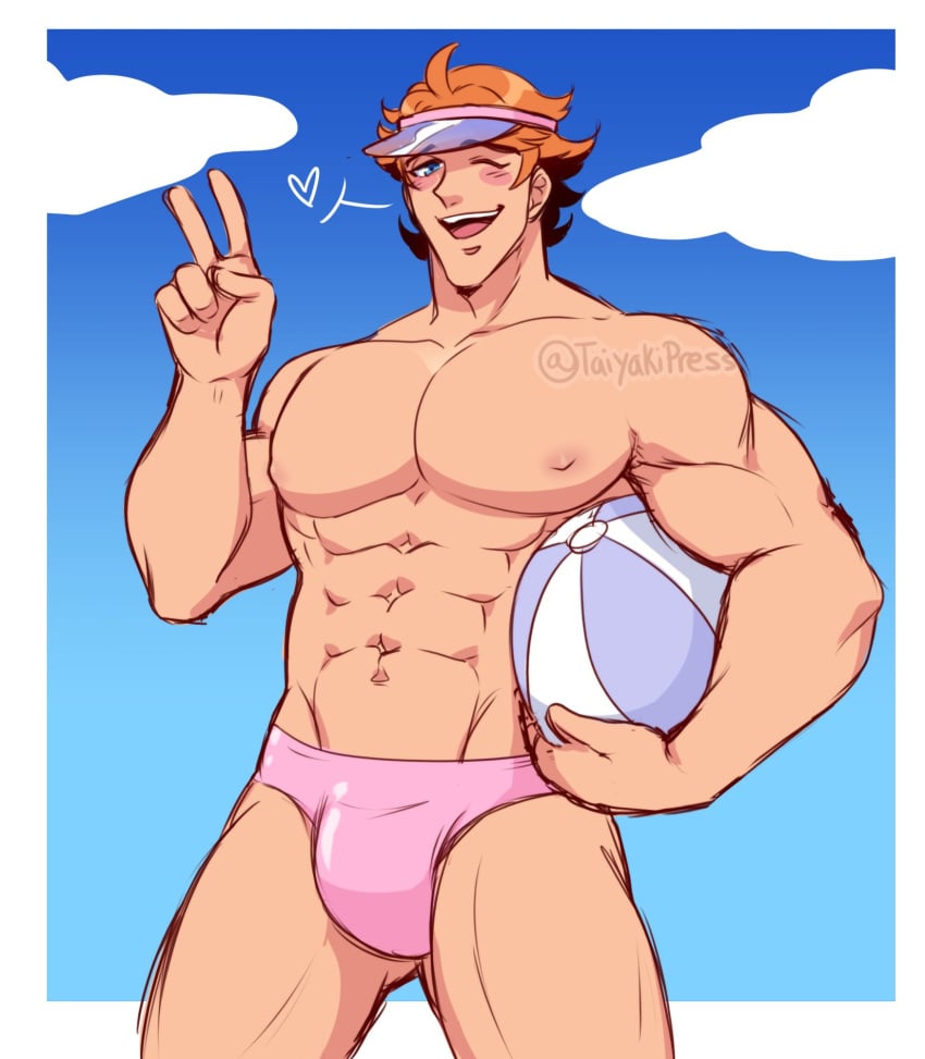 1boy abs ball bara bare_chest beach beach_ball bulge erection friday_night_funkin gay male_only muscular muscular_male orange_hair peace_sign pecs pink_speedo pretty_boy senpai_(friday_night_funkin) smile speedo speedo_only two_tone_hair visor wink