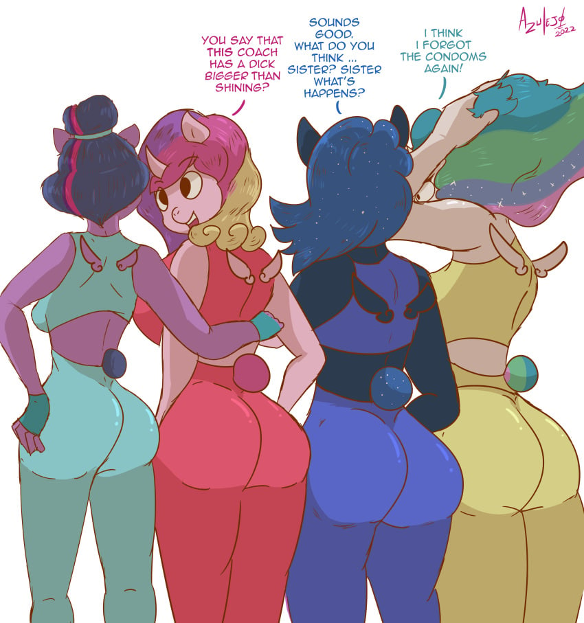 absurd_res alicorn anthro ass azulejo big_breasts big_butt breasts equid equine female friendship_is_magic group hasbro hi_res horn horse leggins mammal my_little_pony princess_cadance_(mlp) princess_celestia_(mlp) princess_luna_(mlp) text thick_thighs twilight_sparkle_(mlp) wide_hips wings