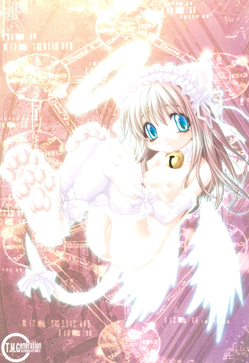 angel animal_ears animal_hands bell blue_eyes cat_ears closed_mouth female female floating garter_belt halo highres ishihara_masumi lingerie logo looking_at_viewer nipples nude original ribbon scan solo tail tail_ornament tail_ribbon tree_of_life underwear wings