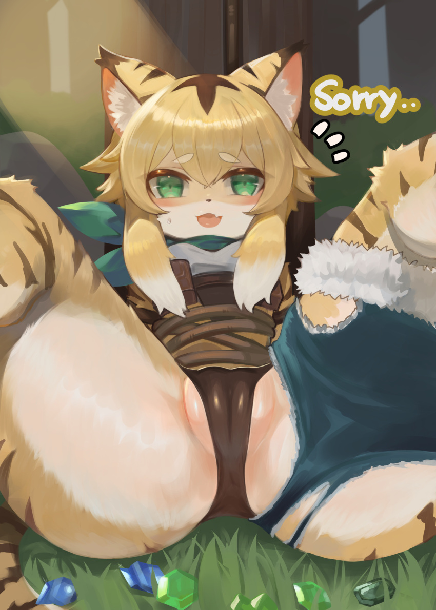 2022 alternate_version_at_source anthro anus_outline ass blonde_hair blush bodily_fluids breasts brown_body brown_fur brown_hair cameltoe clothed clothing cute_fangs dokomon emanata english_text felid female fur gem genital_outline grass green_eyes hair hi_res inner_ear_fluff kemono looking_at_viewer mammal mia_(world_flipper) multicolored_body multicolored_ears multicolored_fur multicolored_hair multicolored_tail neckerchief on_ground open_mouth pantherine panties partially_visible_vulva plant small_breasts solo spread_legs spreading sweat sweatdrop text tiger tongue torn_clothes translated_description tuft underwear white_body white_fur white_hair world_flipper yellow_body yellow_fur