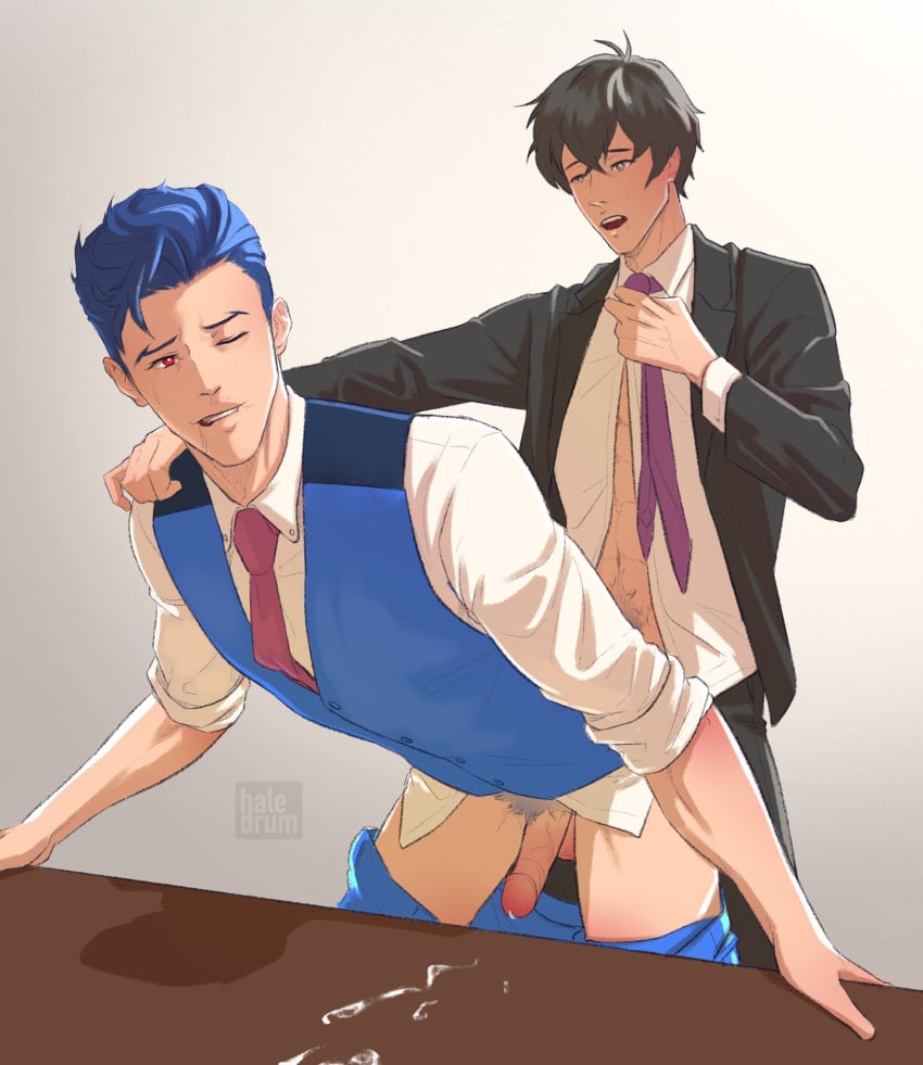 2boys adam_(sk8_the_infinity) ainosuke_shindo anal anal_sex anal_sex black_hair blue_hair bodily_fluids clothing cum gay genital_fluids genitals haledrum male male/male male_only male_penetrated male_penetrating male_penetrating_male necktie one_eye_closed shoulder_grab sk8_the_infinity snake_(sk8_the_infinity) tadashi_kikuchi taken_from_behind vest yaoi