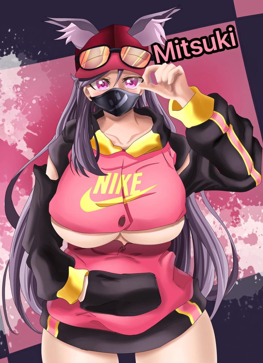 1girls background big_breasts black_sleeves bottomless breasts cap character_name clothed clothed_female clothing collarbone commission eroswau eyewear eyewear_on_headwear face_mask female female_only glasses glasses_on_hat hat headwear hoodie kemonomimi large_breasts long_hair long_sleeves looking_at_viewer mitsuki_(hanns33694210) nike original original_character pale-skinned_female pale_skin pink_hoodie pink_stripe purple_ears purple_eyes purple_hair sleeves solo solo_female standing thick_thighs thighs tinted_eyewear underboob very_long_hair wolf_ears wolf_girl