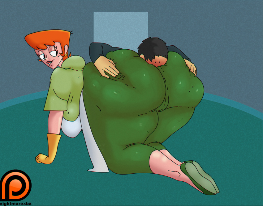 1boy 1girls 2021 apron ass_grab ass_grab_from_front ass_on_face big_breasts big_butt black_eyes blush bubble_ass bubble_butt cartoon_network clenched_teeth dexter's_laboratory dexter's_mom green_clothing huge_ass huge_butt hyper_ass looking_at_viewer looking_back nightmarexbx orange_hair pussy_visible_through_clothes room seductive seductive_smile thick_thighs unseen_male_face white_apron yellow_gloves