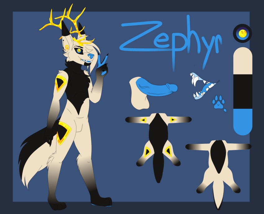 absurd_res anthro antlers black_body black_fur blue_penis canid canine canis conditional_dnp curved_penis ear_piercing fur genitals gesture gold_(metal) hi_res horn hybrid male mammal model_sheet mouth_shot open_mouth pawpads paws penis piercing slates1n solo tan_body tan_fur v_sign wolf zephyr_(slates1n)