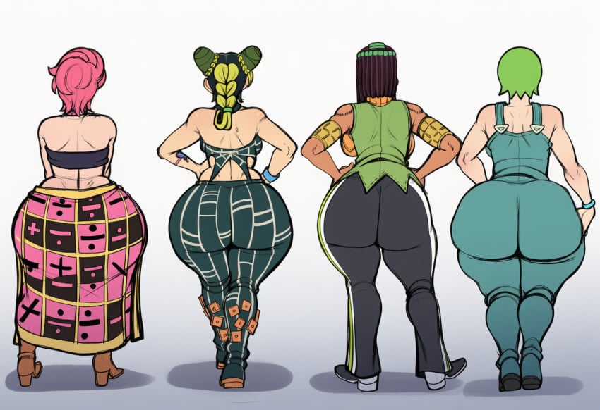 4girls ai_generated ass ass_bigger_than_head ass_chart ass_comparison ass_focus big_ass different_ass_sizes ermes_costello fat_ass female female_only foo_fighters hips_wider_than_shoulders huge_ass jojo's_bizarre_adventure jolyne_kujo massive_ass multiple_girls nini_mihy novelai simple_background stone_ocean thick_thighs trish_una vento_aureo wide_hips wide_thighs